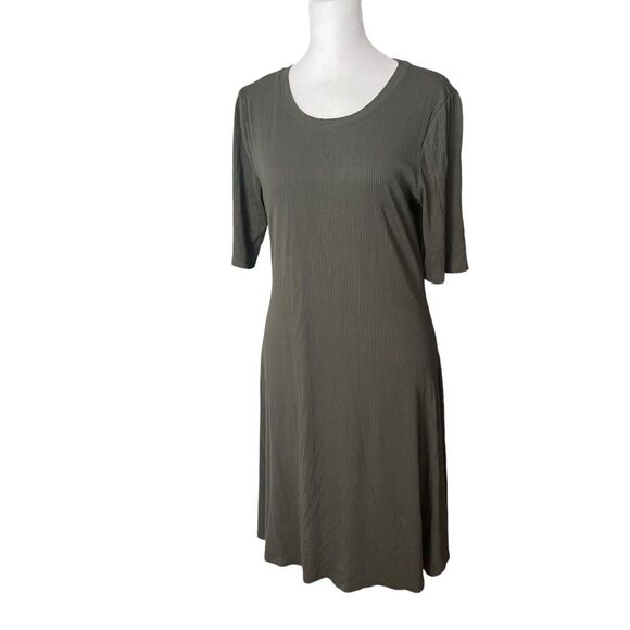Old Navy Large Fit & Flare Dress Rib Mini Short Sleeve Dark Green Stretch - Picture 5 of 8